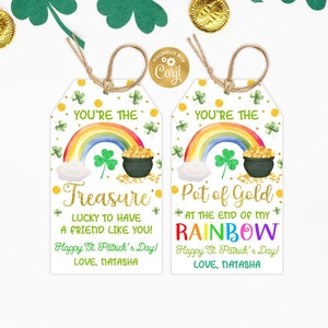 St Patrick&#39;s Gift Tag Editable, St Patrick Day Gift Label, Rainbow St Patricks Day Tag, Pot Of Gold Tag, Treasure Kids School Classroom Tag