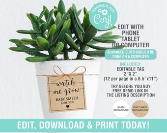 Watch Me Grow Tags, Favor Tag, Bbay Shower Tags, Printable Tags, Plants Favor Tags, Instant Download, cactus tags,Succulent Tags, EDITABLE