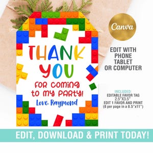 Building Blocks Party Tags EDITABLE, Building Blocks Party Favor Tags, Building Blocks Thank you Tag, Instant Download