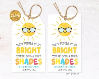 Tu futuro es tan brillante que necesitarás gafas de sol, etiquetas de recuerdo de verano, etiquetas de recuerdo de fin de año escolar imprimibles, etiquetas de recuerdo de verano