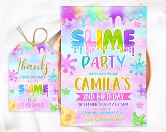 Editable Slime Birthday Party Invitation, Slime Invitation, Slime Party Template, Slime Thank You Tag, Digital Template