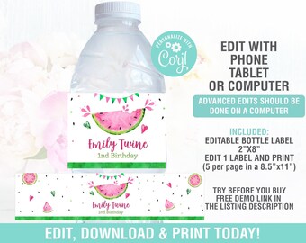 May include: Editable watermelon-themed water bottle label template for a 1st birthday party. The label features a pink watermelon slice with green accents and the text "Emily Twine 1st Birthday".