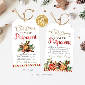Étiquette de pot-pourri de Noël modifiable, modèle d'étiquette de pot-pourri sur la cuisinière, étiquette de pot-pourri de vacances, étiquettes de cadeaux de Noël imprimable, téléchargement immédiat