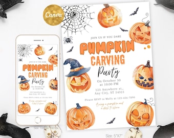 May include: A Halloween-themed invitation and phone display with the text "Pumpkin Carving Party." The design features watercolor pumpkins, bats, and a spiderweb. The invitation is 5x7 inches, and the phone display is 1080x1920 pixels.