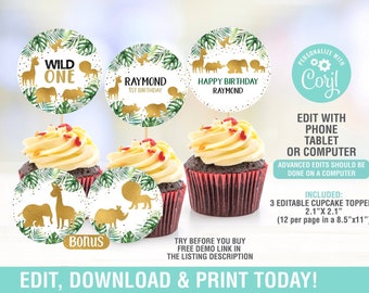 Safari Cupcake Toppers EDITABLE, Jungle Toppers Birthday, Safari Label,Animals toppers, Wild One Cupcake, Safari Cake decor Label Printable