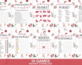 May include: Ten printable Christmas-themed baby shower games with red and white accents. The games include: ABC's Baby Game, Who Knows Mommy Best, Who is My Mama, What's in Your Purse, The Price is Right, Guess Who Mommy or Daddy, Emoji Pictionary, Baby Bingo, Baby Word Scramble, and Advice for the New Mommy.