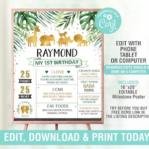 Safari Milestone Birthday Poster EDITABLE, First Birthday Chalkboard Sign, Safari Theme Birthday Party, Stats Board,Jungle 1st Birthday