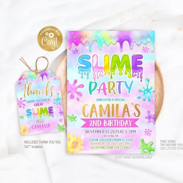 Editable Slime Birthday Party Invitation, Slime Invitation, Slime Party Template, Slime Thank You Tag, Digital Template