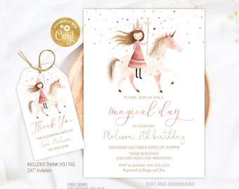 May include: A pink and white unicorn birthday invitation with a princess riding the unicorn. The invitation has gold glitter and the text "Please join us for a magical day to celebrate Melissa's 5th birthday".