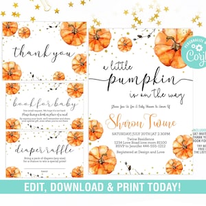 Pumpkin Baby Shower Invitation EDITABLE,A little Pumpkin Baby Shower Diaper raffle, Bring a book,Pumpkin Invitations,Baby Shower Book Insert