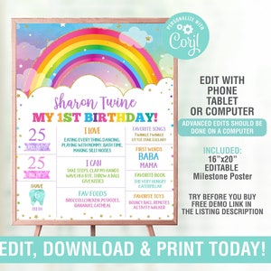 Rainbow Milestone Birthday Poster EDITABLE,First Birthday Chalkboard Sign,Rainbow Theme Birthday Party,1st year Stats Board,Instant Download