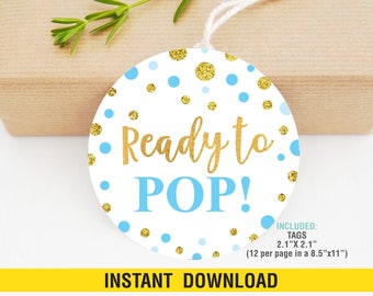Ready To POP blue Polka Labels Printable, Ready To Pop Favor Toppers, Stickers, Baby Shower Gift Tag, Baby Shower Favor, Instant Download