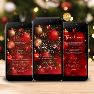Może przedstawiać: Trzy smartfony wyświetlające zaproszenia na przyjęcie bożonarodzeniowe. Ekrany zawierają czerwone i złote ozdoby, tekst "Christmas Party" oraz szczegóły wydarzenia. Tło przedstawia rozmyte drzewko bożonarodzeniowe.