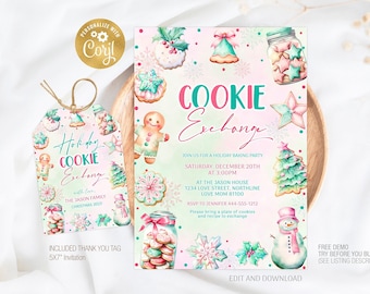 Convite editável para troca de biscoitos de Natal, modelo para festa de troca de biscoitos de Natal, etiqueta digital de Natal para download instantâneo