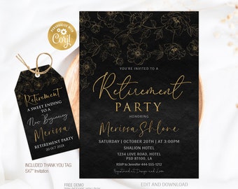 Retirement Invitation Editable, Modern Retirement Invite, Black and Gold Retirement Invitation, Any age Gender Neutral Printable Download