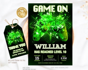 Video Game Birthday Invitation, Editable Video Game Invitation Template, Green Glow Neon Invite, Boy Game Party Invitation, Instant Download