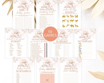 Paquete de juegos para baby shower con tema de fiesta de té, paquete de juegos para bebé con diseño floral de color melocotón rosa, juego para baby shower imprimible con tema de Baby is Brewing, descarga instantánea