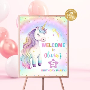 Letrero de bienvenida de cumpleaños de unicornio editable, plantilla de letrero de bienvenida de unicornio, tablero de bienvenida de fiesta de celebración mágica imprimible, descarga instantánea
