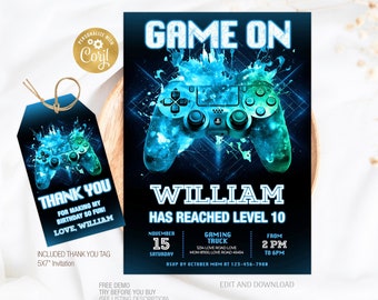Video Game Birthday Invitation, Editable Video Game Invitation Template, Blue Glow Neon Invite, Boy Game Party Invitation, Instant Download