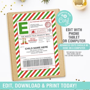 Etiqueta de envío de correo de elfo editable, correo de Santa Claus, etiqueta de caja de llegada de correo de elfo, actividades de elfo, digital