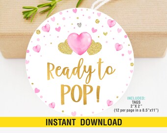 Etiquetas imprimibles de San Valentín listas para usar, adornos para obsequios listos para usar, calcomanías, etiquetas de regalo para baby shower, obsequio para baby shower con forma de corazón rosa
