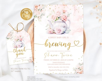 Editable Tea Party Baby Shower Invitation Template, Tea party Pink Floral Baby is brewing Shower Invite Thank You Tag Printable Digital