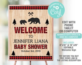 LUMBERJACK Baby Shower Welcome Sign, Printable Baby Shower Sign, Plaid Lumberjack Welcome Sign, Baby Shower DIY, Editable