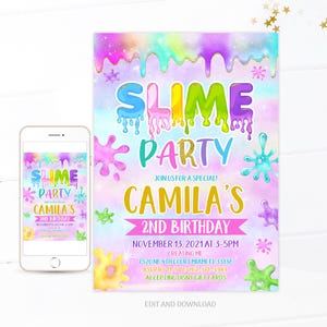 Invitación de cumpleaños de slime editable, invitación de slime, invitación de fiesta de cumpleaños de slime, invitación de cumpleaños de niña, descarga digital instantánea