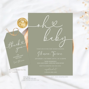 Minimalist Baby Shower Invite Template, Modern Sage Green Boho Baby Shower Invite Editable, Gender Neutral Baby Shower Template Printable