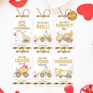 Construction Valentine's Day Tags, Editable Kids School Valentine Label Label, Dump truck Tags, Valentine Treat Tags Template Printable