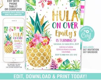 Invitación de cumpleaños de piña EDITABLE, invitación de cumpleaños de luau, invitación de piña, invitación de fiesta de piña, descarga instantánea
