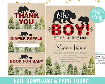 Lumberjack baby Shower Invitation set, Buffalo Plaid Baby Shower,Bear Thank You, Diaper Raffle, Book for baby , Instant download