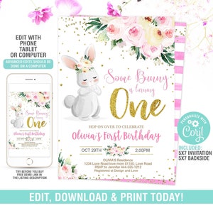 Editable Bunny Invitation,Some Bunny Party,Easter Birthday Invite,Rabbit invitation,Floral Bunny Invitation,Instant download image 1