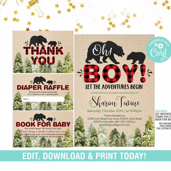 Lumberjack baby Shower Invitation set, Buffalo Plaid Baby Shower,Bear Thank You, Diaper Raffle, Book for baby , Instant download