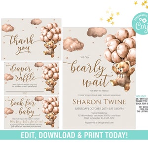 Teddy Bear Baby Shower Invitation Bundle EDITABLE,We can nearly wait shower invite set,Diaper raffle, Bring a book,Baby Shower Book Insert