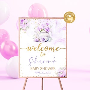 Panneau de bienvenue pour baby shower Tea Party modifiable, affiche de bienvenue florale pour baby shower de l&#39;heure du thé imprimable, décoration florale violette pour fête téléchargement immédiat