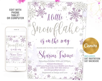 Uitnodiging babyshower winter BEWERKBAAR, een beetje sneeuwvlok is onderweg nodigen uit, paarse meisje winterdouche uitnodiging afdrukbaar