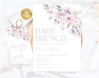 Floral Baby Bruch Invitation Editable Template, Girl Baby Shower Invite, Purple Baby Shower Invitation, Purple Baby Shower Invite Printable