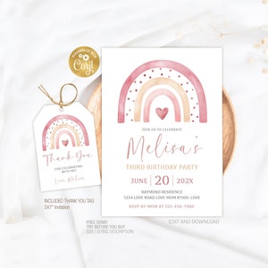 Editable Boho Rainbow Invitation, Rainbow Invitation, Boho Rainbow Template, Rainbow thank you tag