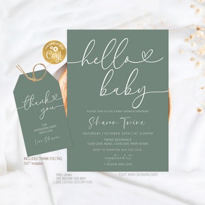 Minimalist Baby Shower Invite Template, Modern Sage Green Boho Baby Shower Invite Editable, Gender Neutral Baby Shower Template Printable