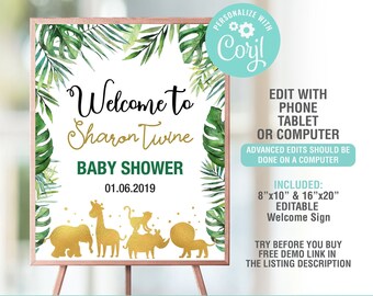 Willkommen Safari Baby Shower Zeichen, Baby-Dusche Willkommensschild, printable Schild, Dschungel-Baby-Dusche-Schild, bearbeiten Sie selbst, Instant Download