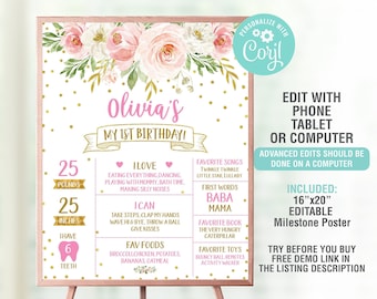 Peut inclure: Une affiche de jalons imprimable rose et or pour un premier anniversaire. L'affiche présente un motif floral avec des accents de paillettes dorées. Elle comprend des informations sur l'âge, le poids, la taille et d'autres jalons de l'enfant. Le texte sur l'affiche indique "Olivia's My 1st Birthday!" et comprend le texte "Edit, Download & Print Today!"