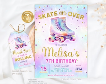 May include: A birthday party invitation and thank you tag set. The invitation features a watercolor illustration of roller skates and the text "Skate on Over" in gold glitter. The tag says "Thank You so much for Rolling with me!"