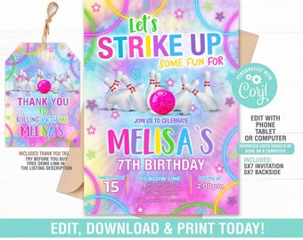 Editable Bowling Birthday Invitation, Bowling Party Invite, Bowling Tie Dye Invitation, Bowling Favor Tag, Digital Instant Download