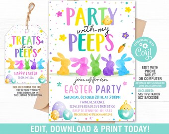 Easter egg Hunt Invitation SET EDITABLE,Party with Peeps, Easter Bunny Invite,Easter Favor Tag,Easter Party Invite,Instant Download