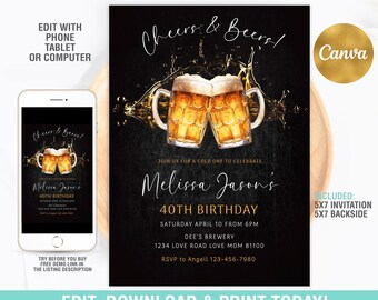 Cheers and Beers Birthday Party Invitation Editable 30th 40th 50th Surprise Beer Party Invite, Adult Birthday Invite Instant Download