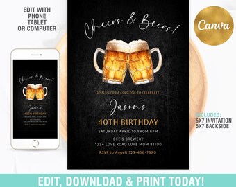 Cheers and Beers Birthday Party Invitation Editable 30th 40th 50th Surprise Beer Party Invite, Adult Birthday Invite Instant Download