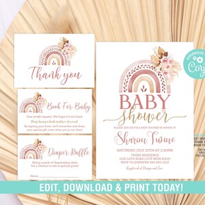 Paquete de invitaciones para baby shower con diseño de arcoíris boho, editables, para baby shower con pasto de las pampas, invitación para baby shower boho, sorteo de pañales, libro para bebé