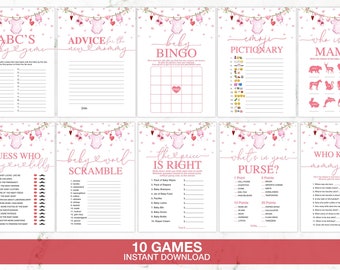 May include: Ten printable baby shower games with pink and white floral designs. The games include: ABC's Baby Game, Advice for the New Mommy, Baby Bingo, Emoji Pictionary, Who is My Mama?, Guess Who Mommy Loves, Baby Word Scramble, The Price is Right, What's in Your Purse?, and Who Knows Mommy Best?
