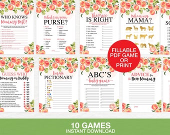 May include: Ten printable baby shower games featuring peach illustrations. The games include "Who Knows Mommy Best?", "What's in Your Purse?", "The Price is Right", "Who is My Mama?", "Baby Word Scramble", "Guess Who Mommy or Daddy", "Emoji Pictionary", "ABC's Baby Game", "Advice for the New Mommy", and "Baby Bingo".